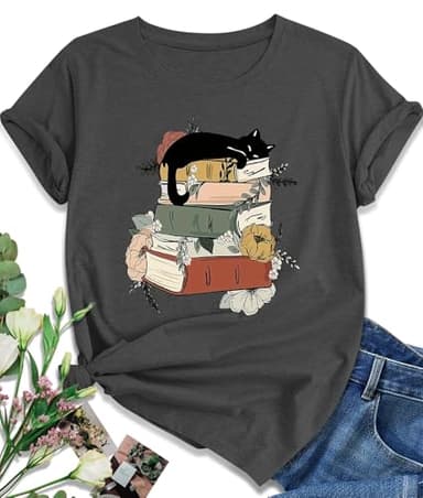 EUOW Plus Size Tshirts for Womens Graphic Summer Tees Short Sleeve Loose Fit Trendy Tops(Book Cat,5XL)