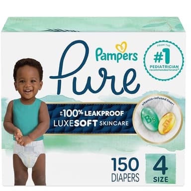 Pampers Pure Baby Diapers, Size 4 (22-37 lbs), 150, Up to 100% Leakproof, Premium Hypoallergenic Soft Diapers