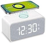 ANJANK Wooden Alarm Clock Radio with Bluetooth Speaker, Wireless Charging Station for iPhone/Samsung, Dual Alarms, Auto-sync Time, 0-100% Dimmer, Digital Clock for Bedrooms Bedside Desk