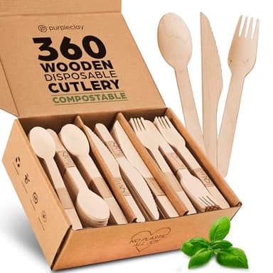 PURPLECLAY Wooden Disposable Utensils Set, 360 PCS Compostable Silverware (120 Forks, 120 Spoons, 120 Knives) Eco Friendly, Plastic-Free Cutlery for Parties & Catering, Alternative to Bamboo Utensils