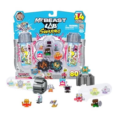 MrBeast Lab Swarms Battle Fusion Series Mega Lab Pack – Includes 14 Micro Beasts with Ultra Rare Swarm Sword, 80+ to Collect, Stickers & Stackable Fusion Caps for Display