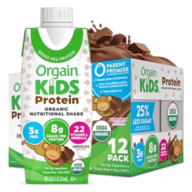 Orgain Organic Kids Nutritional Protein Shake, Chocolate, Healthy Kids Snacks, 8g Dairy Protein, 3g Fiber, 22 Vitamins & Minerals, No Soy Ingredients, Gluten Free, Non-GMO, 8.25 Fl Oz (Pack of 12)