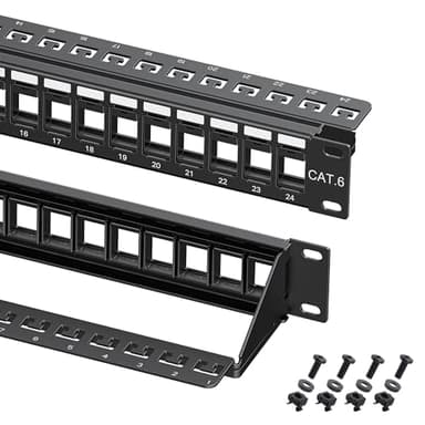 Cable Matters Rackmount or Wall Mount 1U 24 Port Keystone Patch Panel with Cable Management and Support Bar, 19-inch Blank Patch Panel for Keystone Jacks