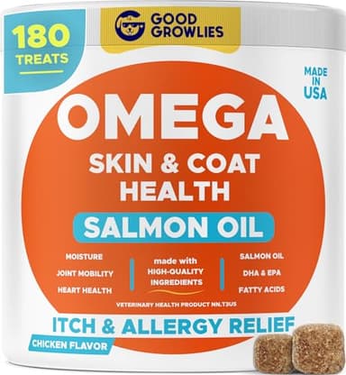 Omega 3 Fish Oil for Dogs (180 Ct) - Skin & Coat Chews - Dry & Itchy Skin Relief + Allergy Support - Shiny Coats - EPA&DHA Fatty Acids - Natural Salmon Oil Chews Promotes Heart, Hip & Joint Support