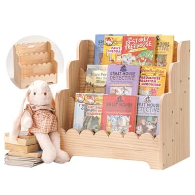 Kids Bookshelf Storage 3-Tier, Book Case for Kids Rooms, Scalloped Wooden Montessori Bookcase for Toddlers & Baby, Small Nursery & Classroom Book Shelves, Solid Wood Organizer
