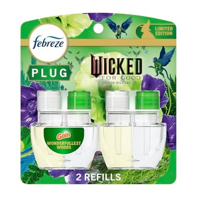 Febreze Plug In Air Freshener, "Wicked: For Good" Limited Edition Odor-Fighting Scented Oil Refill, Air Fresheners for Home and Bathroom and Kitchen, Long Lasting, Wonderfullest Woods, 2 Count