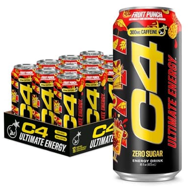 C4 Ultimate Zero Sugar Energy Drink, Tri-Stim Experience with 300mg Caffeine + TeaCrine + Dynamine, Fruit Punch, 16oz (Pack of 12)