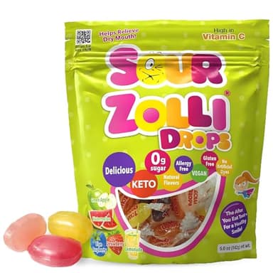 Zollipops Sour Drops, Sugar Free Candy with Xylitol, Dye-Free Hard Candy Drops - Keto & Diabetic-Friendly, Dentist-Approved Treats for Kids (Natural Fruit Flavors, 5 oz)