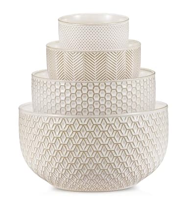 KooK Ceramic Mixing Bowls, Nesting Set of 4, Embossed Kitchen Dishware, Prep, Serving, Gift, Microwave and Dishwasher Safe, 20/44/98/145 oz, Narbonne Collection (Ivory)