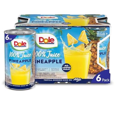 Dole 100% Pineapple Juice, No Added Sugar, Excellent Source of Vitamin C, 100% Fruit Juice, 6 Fl Oz (Pack of 6), Packaging May Vary