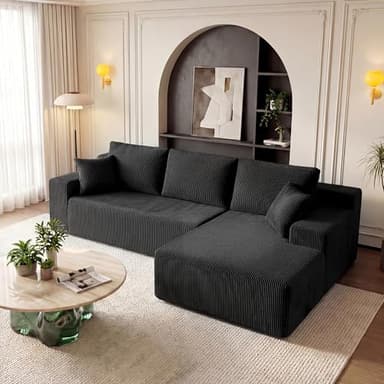 GRUSIGN Cloud Sectional Boneless Couches for Living Room, Modular L Shaped Couch with Deep Seat Oversized Right Facing Chaise, Memory Foam Compressed Spineless 3 Seater Sofa for Apartment, Black