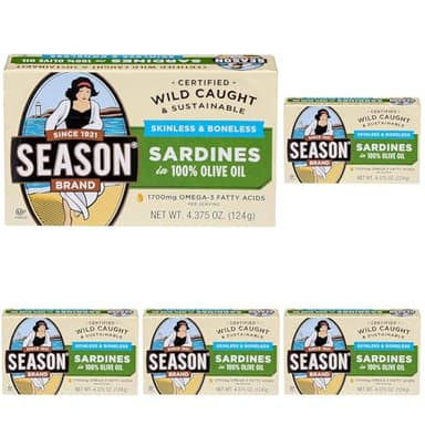 Season Brand Skinless and Boneless Sardines in Olive Oil, 4.375 oz ~ 5 pack