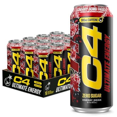 C4 Ultimate Energy Drink, 300mg Caffeine, Zero Sugar, High-Performance Energy for Pre-Workout, Endurance, and Focus, Cherry Bomb Frost, 16oz (Pack of 12)