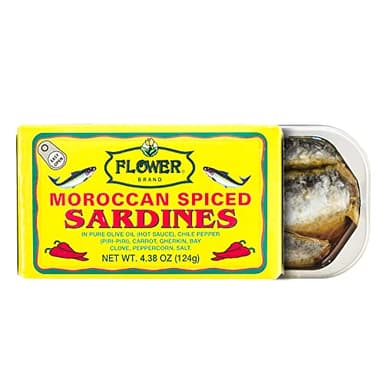 Flower Brand Spiced Sardines (Olive Oil) 4.38 oz, Wild-Caught from Morocco, High Protein, Keto&Gluten Free Food, Keto Snacks, Canned Food Bulk Sardines in Oil (Pack of 5)