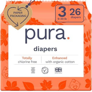 Pura Size 3 Eco-Friendly Diapers, Totally Chlorine Free, Hypoallergenic, Soft Organic Cotton, Sustainable, up to 12 Hours Leak Protection, Allergy UK, 26 Count (Pack of 1)