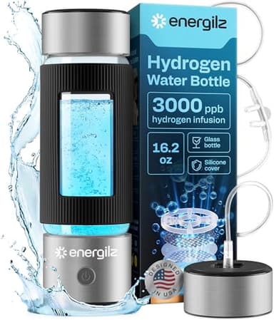 Energilz Hydrogen Water Bottle | Large 16.2 oz (480 ml) Hydrogen Water Bottle Generator 3000ppb | Hydrogenator Machine | SPE/PEM Hydrogenated Ionizer Generator (Steel w/Black)