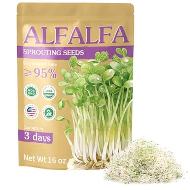 Organic Alfalfa Sprout Seeds (16 oz), Certified Non-GMO, Heirloom Seeds, Premium Alfalfa Sprouting Seeds for Sprouting and Microgreens, High Yield High Germination, Resealable Bag