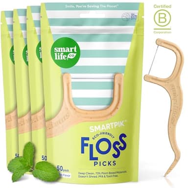 SmartLifeco Eco-Friendly Dental Floss Picks (200ct) - Flossers Made with Straw Wheat Blend, Superior Anti-Shred Thread for Tight Gaps, Tooth Pick Stick for Adults, Soft on Gum & Teeth, Vegan, Mint