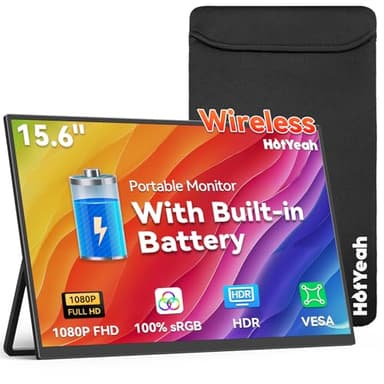 Wireless Portable Monitor Battery-Powered, Support AirPlay Miracast, 15.6" 1080P IPS Monitor USB-C HDMI External Display, 2nd Screen for Laptop MacBook PC Phone Tablet, w/Built-in Battery(4- 5H)