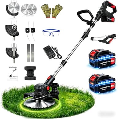 24V Cordless String Trimmer, 8-inch Battery Powered Weed Wacker with 2x4.0Ah Batteries, Foldable 3-in-1 Brush Cutter, 3 Types Blades Electric Lawn Edger with Side Wheel Assist for Yard & Garden