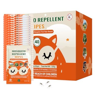40 PCS Mosquito Repellent Wipes, Individually Wrapped Insect Repellent Wipes Made of Natural Plant-Based Essential Oils, Safe & Effective Insect Protection Perfect for Outdoor Activities, Long-Lasting
