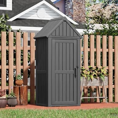 Fancyango Outdoor Resin Storage Shed, Upgrade Sturdy Storage Cabinet with Removable Shelves and Lock Ring, Reinforced Floor, All-Weather Construction for Garden Patio Lawn (Black)