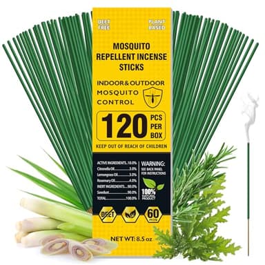 BugBai Mosquito Repellent Outdoor Patio 120 PCS, Citronella Oil Mosquito Incense Sticks Indoor Home Pet Family Safe, Natural Plant-Based Bug Insect Barrier for Yard Garden Lawn Camping Fishing, 0.5 lb