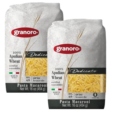 Granoro Dedicato Orzo #69 - Authentic Italian Pasta, Made from 100% Puglia Durum Wheat Semolina, Bronze Die, Non-GMO, Vegan, 1 lb Bags (Pack of 2)