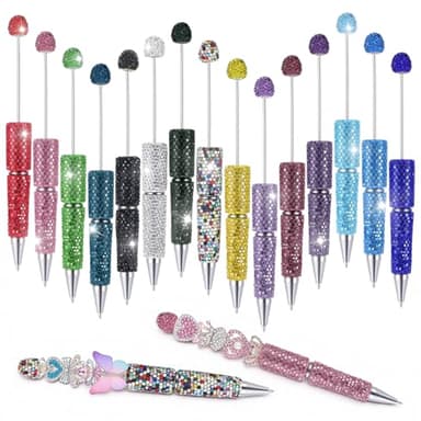 AOZUO 16 Pcs Glitter Beadable Pen Full Rhinestone Fancy Pens for Beads Cute Journalling Pens Multicolor Diamond Fun Bling Ballpoint Pen for Women DIY Craft Office Supplies(Full Diamond)