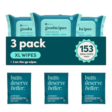 goodwipes Flushable Butt Wipes - Vitamin E & Aloe - Sewer & Septic Safe - Extra Large Adult Wet Wipes For Women & Men - Bathroom Essentials - Shea-Coco, 153 Count (3 Packs + 3 Individually Wrapped)