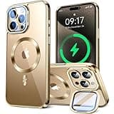 Magnetic for iPhone 15 Pro Max Case with Camera Stand [Built-in 9H Lens Protection Glass Cover][Compatible with Magsafe]Military-Grade Protection Electroplated Bumper,CD Ring,Slim Phone Case-Gold