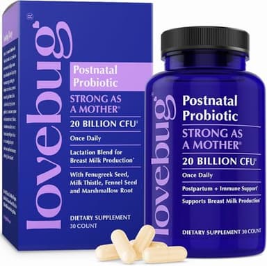 Lovebug Postnatal Probiotics - 20 Billion CFUs Multi Strain for Breastfeeding -with Fenugreek, Milk Thistle & Fennel,Supports Breast Milk & Gut Health, Postpartum Essentials, 30 Capsules