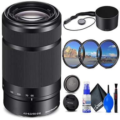 Sony E 55-210mm f/4.5-6.3 OSS Lens (Black) (SEL55210/B) + Filter Kit + Lens Cap Keeper + Cleaning Kit + More (Renewed)