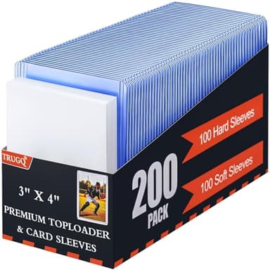 TRUGQ 200 Card Sleeves Toploads for Cards,3" x 4" Baseball Card Protectors,Premium Standard Size Trading Hard Plastic Card Holder for Sports Football Cards(100 Hard Protectors +100 Soft Sleeves)