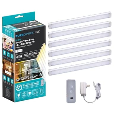 PureOptics LED Works with Alexa Smart Under Cabinet Lighting Kit, Adjustable LEDs, (6) 9" Bars, White