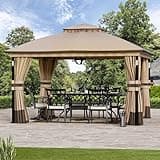 Covered Outdoor Patio Gazebo 11'x13' with LED Lights, Heavy Duty Outdoor Canopy Shelter with Stable Metal Frame, Double Roofs, Netting and Curtains for Backyard, Garden, Lawn