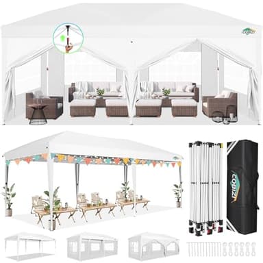 COBIZI 10x20 FT Pop up Canopy Tent with Sidewalls, Party Tents for Parties, Carpas para Fiestas, Easy Set Large Outdoor Popup Patio Gazebo for Backyard,Weddings,Vendor,Commercial Event,White (Upgrade)