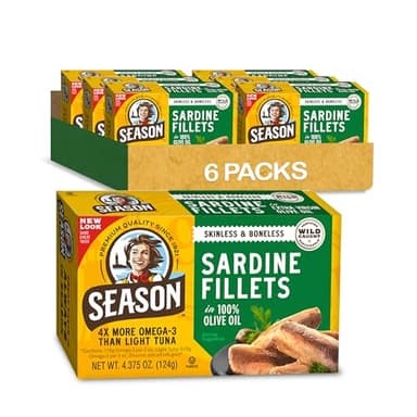 Season Sardines in Olive Oil - Skinless & Boneless, No Salt Added, Wild Caught, 22g of Protein, Keto Snacks, More Omega 3's Than Tuna, Kosher, High in Calcium, Canned Sardines - 4.37 Oz Tins, 6-Pack
