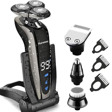 Kurener Electric Shaver Razor for Men Rechargeable 100% Waterproof Rotary for Shaving with Nose Trimmer Sideburns Trimmer Face Cleaning Brush