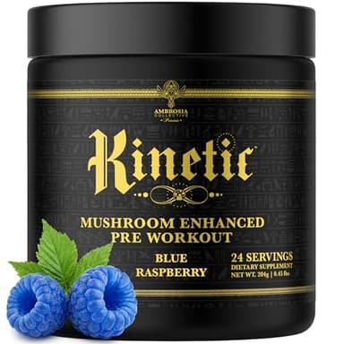 Ambrosia Kinetic - Organic Pre Workout Powder | Mushroom-Enhanced Natural Pre Workout | Nootropic Superfood Powder for Clean Energy, Focus, Recovery | 24 Servings | Blue Raspberry