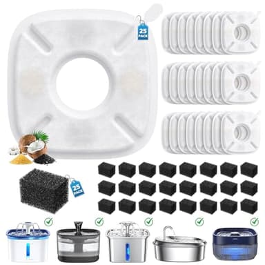 50 Pcs Cat Water Fountain Filters for Veken 95oz/2.8L, 67oz, 85oz, 135oz Dog Water Fountain Automatic Pet Fountain Dog Water Dispenser 25Pcs Pet Fountain Filter Replacement & 25Pcs Pre-Filter Sponges
