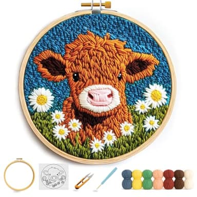Minlend DIY Punch Needle Kit for Beginners – Highland Cow & Daisies Embroidery Kit with Hoop – Easy Needlework Craft Set for Adults – Festival Gift & Home Decoration (20x20cm)