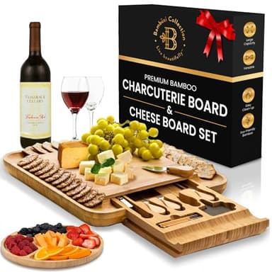 Charcuterie Boards Gift Set - Bamboo Cheese Board Set Charcuterie Tray & Serving Platter for Hosting & Entertaining, Wooden Cheese Platter, Kitchen Gifts for Women, Gifts for Home, Wedding & Birthday