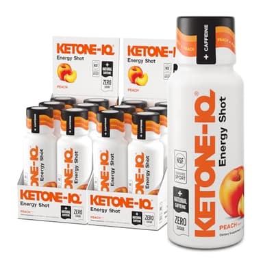 Ketone-IQ Exogenous Ketone Energy Shots with Caffeine - 12 Pack of Green Tea Caffeine Shots with 5g Bioidentical Ketones and B Vitamins - Fast Acting, On The Go Clean Energy Drink (Peach)