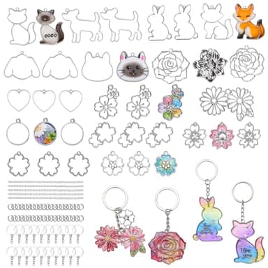 LET'S RESIN Keychain Molds 37Pcs, Silver UV Resin Molds for Beginners, Open Bezel Flower & Animal Molds for Keychain, Jewelry & Pendant Making