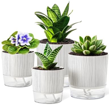 Samhe 4 Pack Self Watering Pots Set, 4+5.5 Inch Self Watering Pots for Indoor Plants, Planter Pot with Wick Rope and Reservoir for African Violet, Spider Plant, Orchid