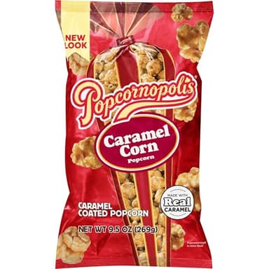 Popcornopolis Caramel Popcorn 9.5oz Bag, Sweet Buttery Caramel Flavor, Non-GMO Gluten-Free Gourmet Air-Popped Corn, Perfect for Movie Night, Snacking, Sharing, Classic Treat, Family Size