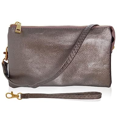 Clutch Purse Wristlets for Women - Dark Silver Vegan Leather Clutch Purses for Women, Metallic Gunmetal Crossbody Small Wristlet Wallets, Bronze Crossbody Handbag, Vegan Leather Bag with Wrist Strap