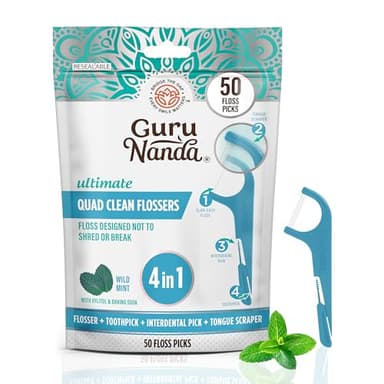GuruNanda Quad Clean Floss Picks 4-in-1 with Tongue Scraper, Interdental Pik & Toothpick, Non-Shred Dyneema Thread, with Xylitol & Baking Soda, 50ct