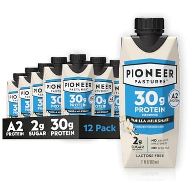 Pioneer Pastures - High Protein A2 Milkshakes - Vanilla - A2 Nutritional Milk, 30g Protein, 2g Sugar, No Sweeteners, No Seed Oils - All-Natural, Breakfast Shake, Meal Replacement, Workout - 11oz, 12 Pack